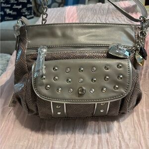 Kathy Van Zeeland Gray and Brown Shoulder Bag with Studded Details
